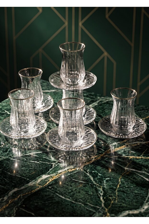 Jewel Echo 12 Piece Tea Cup Set Hand Painted Shiny Silver&Shiny Gold