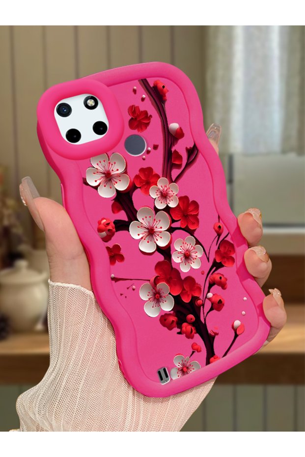 Realme C25Y Compatible Case Camera Protector Red Silicone Couple Phone Case Floral Pattern