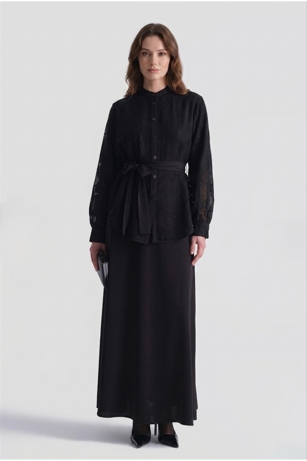 Women's Belt Detailed High Collar Jacquard Textured Shirt Skirt Two-Piece Set