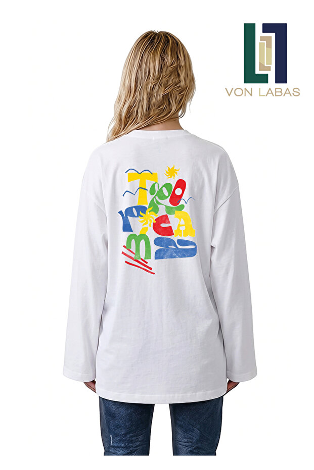 Summer Vibe Themed Wide Sleeve Oversize Long Sleeve White Tshirt 100% Cotton Summer T-Shirt