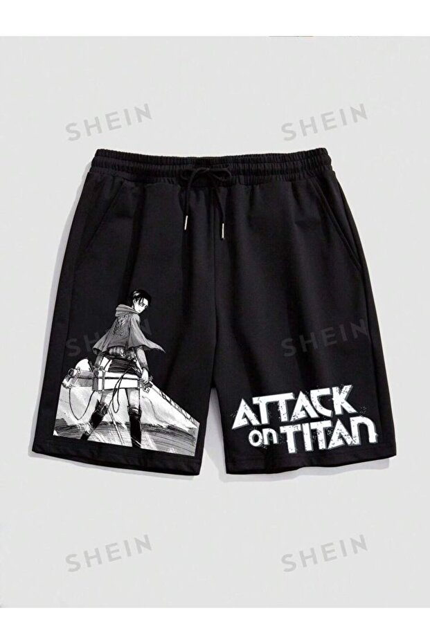 شورت رجالي أسود مطبوع من Attack on Titan