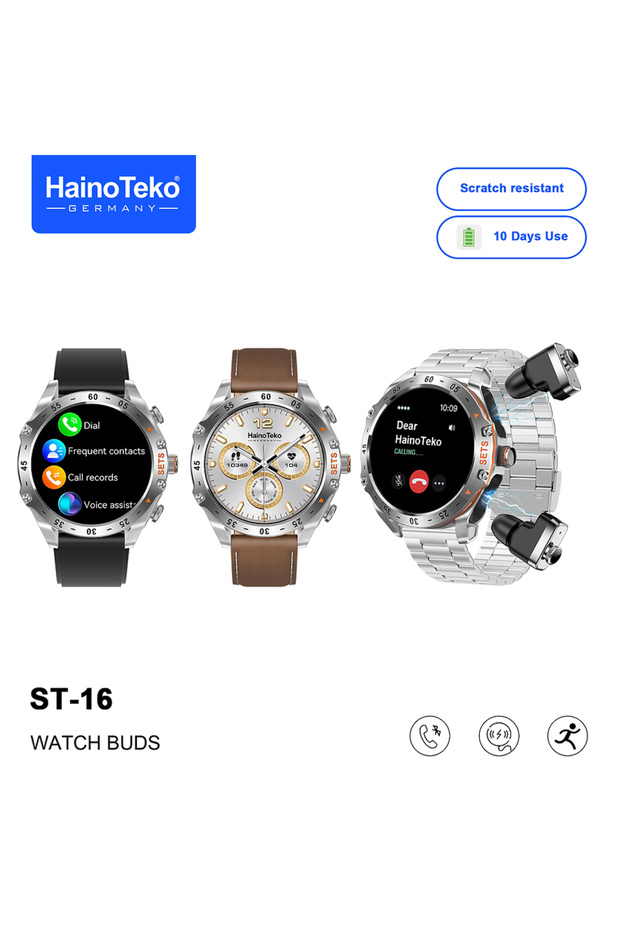 ST-16 Watch Buds Smartwatch with Built-in Wireless Earbuds AMOLED Display, Bluetooth Calling, 3 Interchangeable Straps, 10-Day Battery Life and Charging Cable Designed for Men