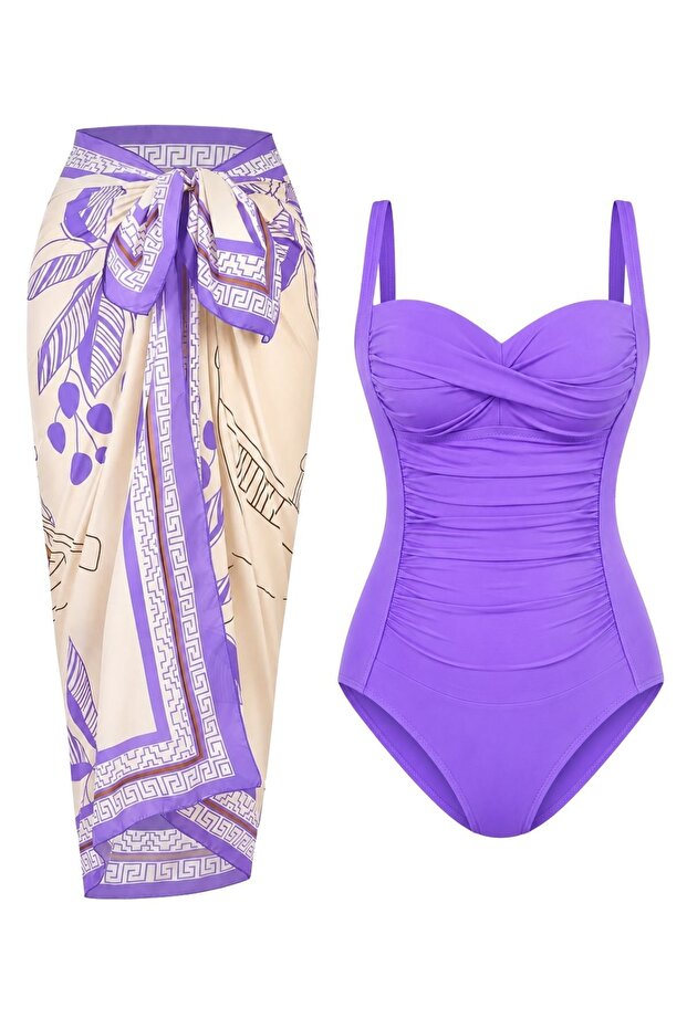French-Inspired Draped Lilac Swimsuit Pareo Set of 2 with Corset Effect and Adjustable Straps