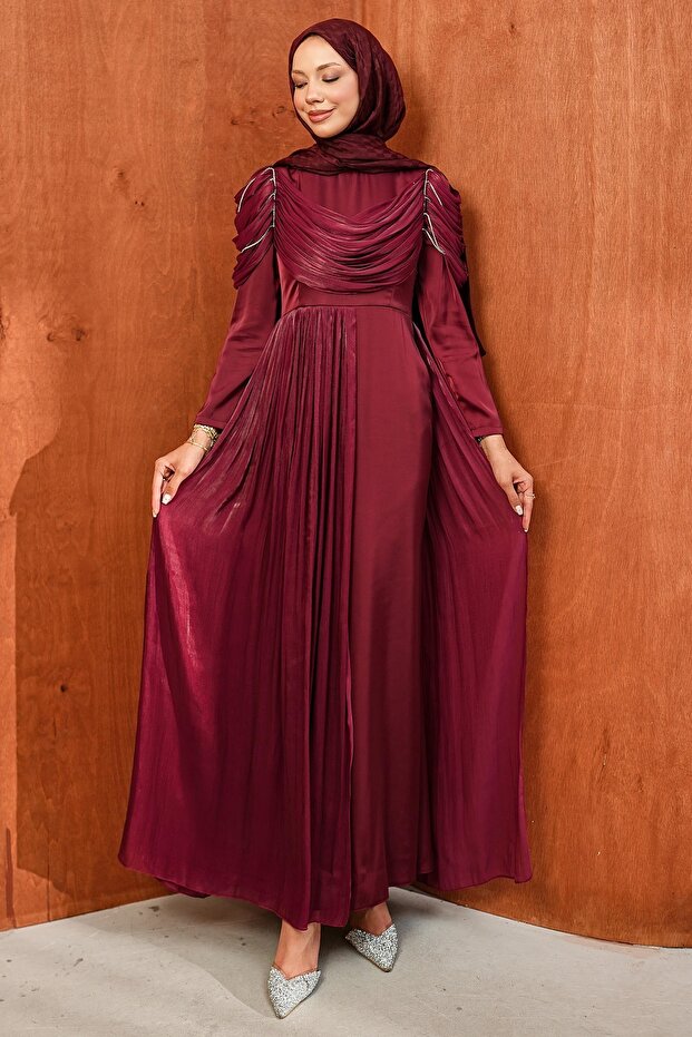 Burgundy Draped Front and Tailored Satin Evening Dress