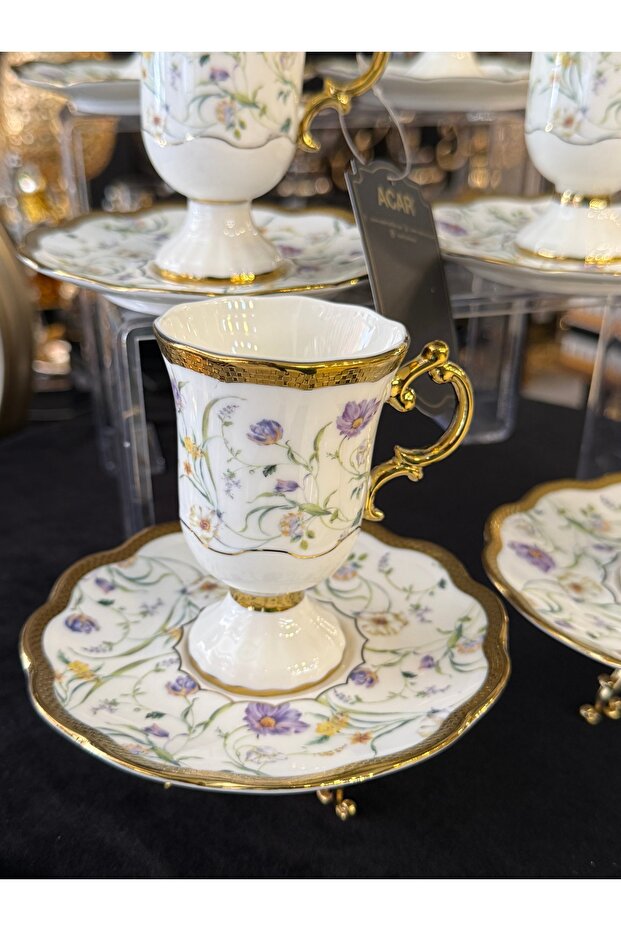 Acar Plus Luxury Porcelain Malcon Emboss Patterned Coffee Cup Set for 6 People 90 ml