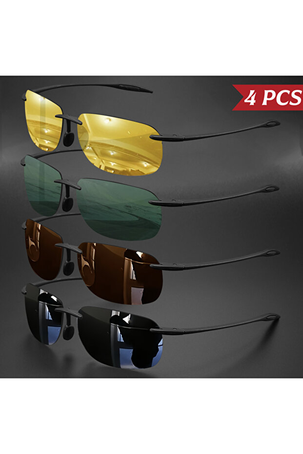 4PCS-7 4 قطع نظارات شمسية مستقطبة خفيفة للغاية بوزن 11 جرام من مادة TR90 بدون إطار - مرنة ومريحة، مربعة الشكل