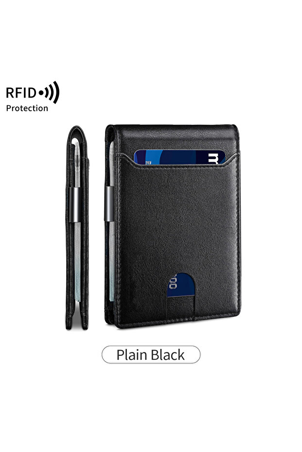 QB346-PlainBlack RFID Blocking Carbon Fiber Wallet- Ultra-Slim Bi-Fold Holder with ID Wi