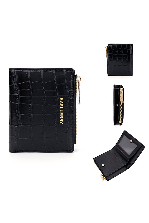 Black Baellerry Women's Fashion Wallet Crocodile Pattern Multi-Functional Card Bag Photo Folder Zero