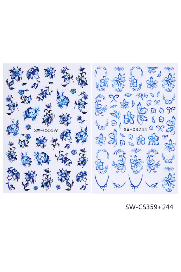 SW-CS359 244 2pcs Blue Flower Nail Art Stickers Elegant Peony Florals Petals French Line Design DIY