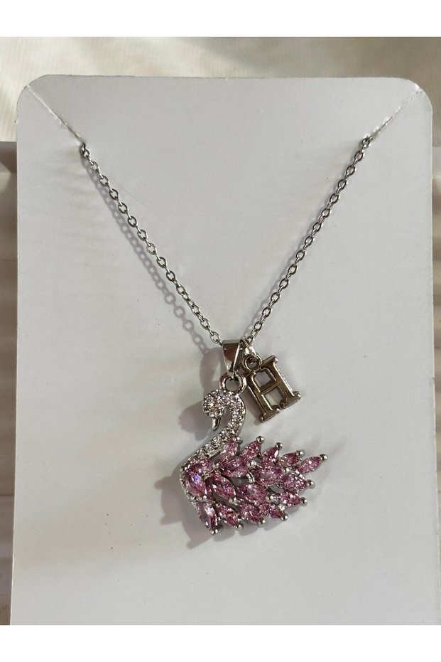 316L Steel Pink Zircon Stone Swan H Letter Necklace