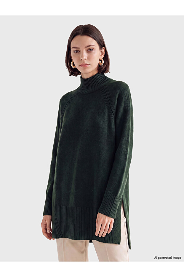 Green Half Turtleneck Oversized Women's Knitwear Tunic
