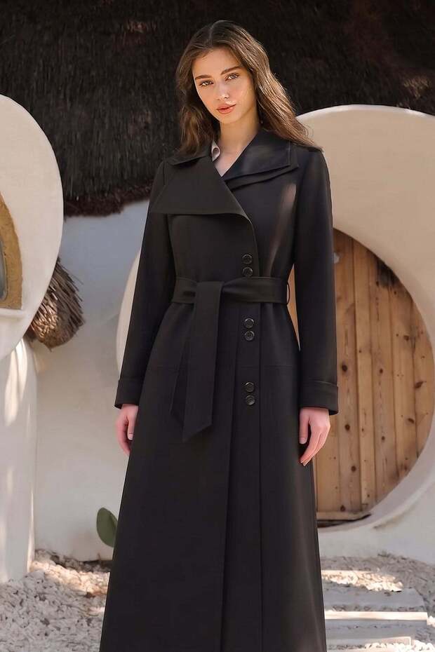 Satin Trimmed Double Collar Lined Overcoat Black 6876-A