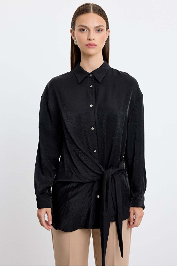 Front-tie metal button shirt - black