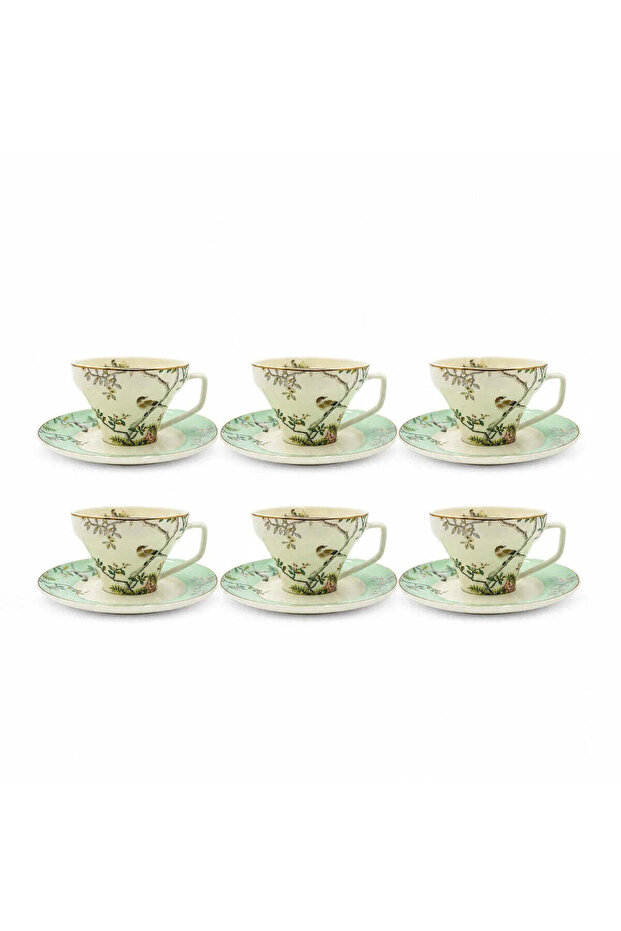 RM-465 Turkish Coffee Cup & Saucer Set – 12 Pieces – Green Bird & Floral Design