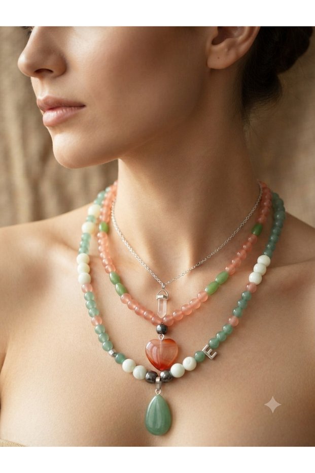 Natural Stone Aventurine, Letter-Themed Necklace, Strawberry Quartz, Agate Heart-Themed 3-Piece Women's Necklace
