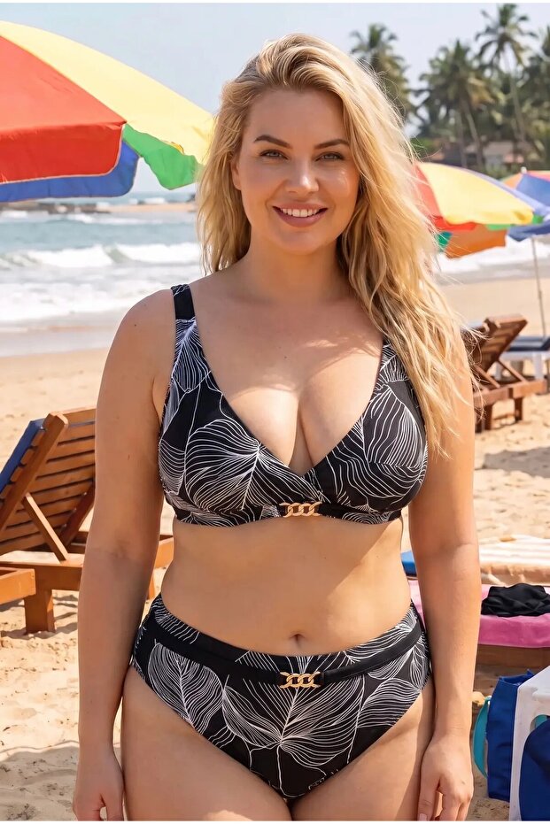 Women's Black White Accessory Detailed Lined Plus Size Bikini Set Hzl25S-Lc25147