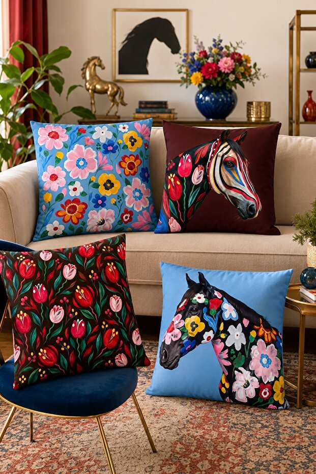 Set of 4 Cushion Covers with Floral Horses Pattern