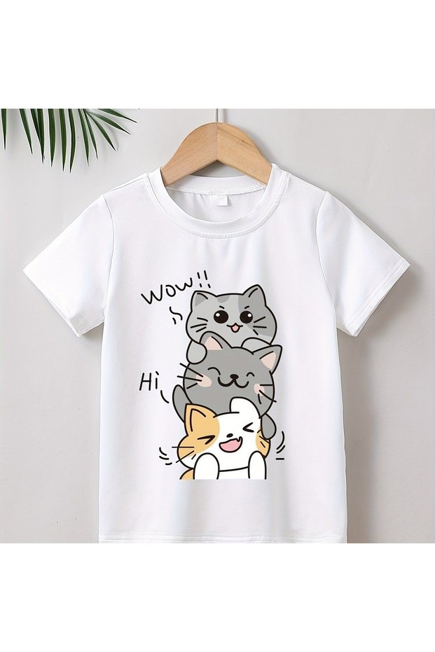 Wow Cat Printed Crew Neck 100% Cotton Short Sleeve Kids and Teenagers T-Shirt