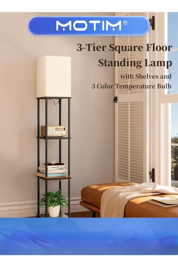 Floor Lamp with Shelves 3-Tier Modern Square Floor Standing Lamp with 3 Color Temperature Bulb