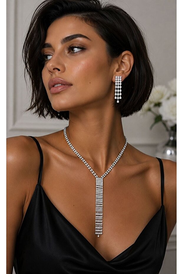 Crystal Stone Waterway Y Necklace and Dangle Earrings Set – Silver Color Evening Dress Jewelry Set