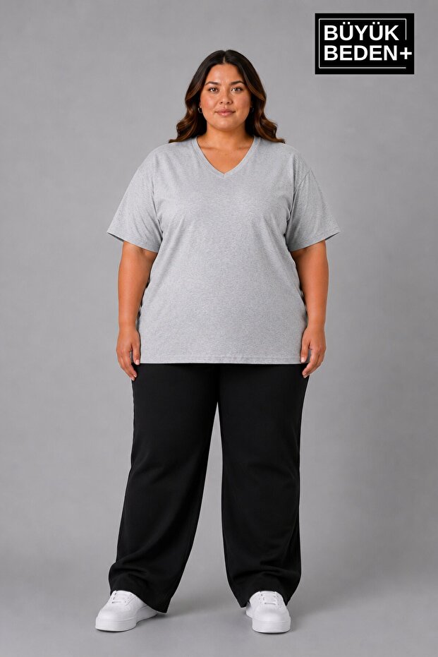 Süperlife Large Size Women's V-Neck Cotton Basic T-Shirt Navy Blue 3Xl-6Xl Spr26Btsk509