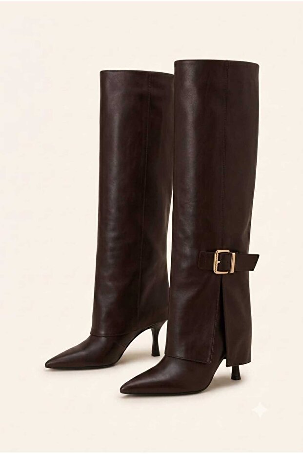 Lako Women's Brown Detachable Pointed Toe Buckle Detailed Heeled Boots