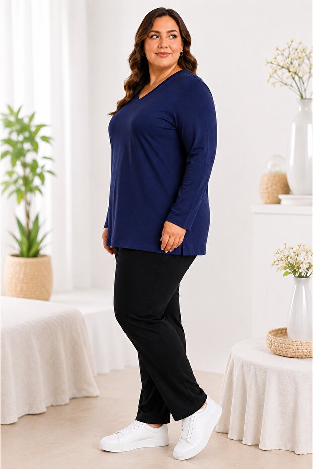 Plus Size V-Neck Long Sleeve Comfortable Fit Basic Blouse