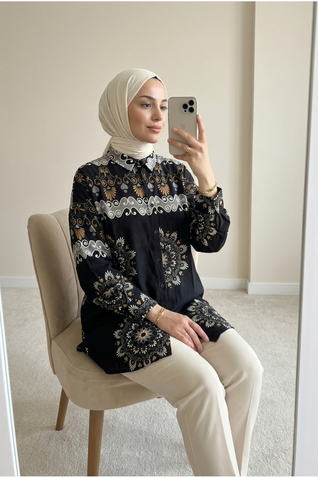 قميص نسائي منقوش كبير الحجم بياقة على شكل قميص، تونيك مريح وعملي