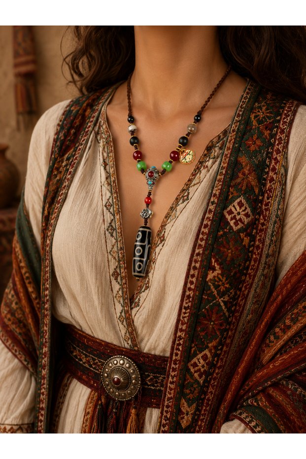 Authentic Zhenra Dzi Stone Necklace – Handcrafted Natural Stone Design Necklace for Women