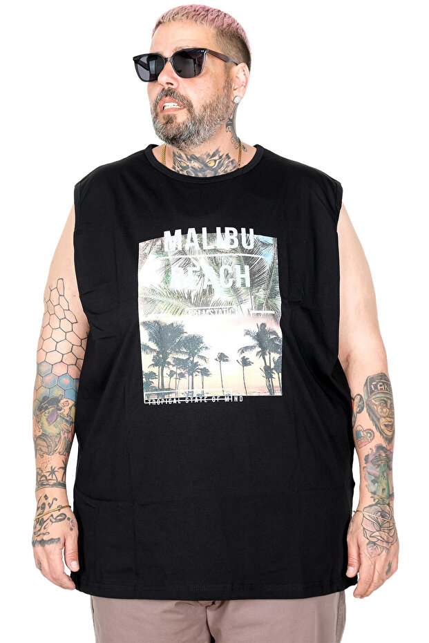تي شيرت رجالي مقاس كبير 100% قطن بدون أكمام مطبوع عليه Malibu Beach U26012 أسود