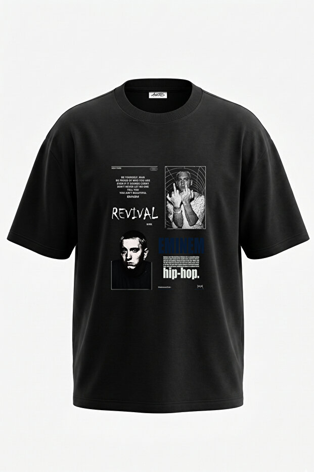 تي شيرت أسود كبير الحجم مطبوع بتصميم Eminem_51 للجنسين