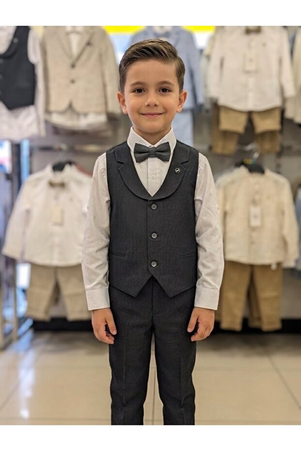 Boys' Smoked Shawl Collar Vest Suit with Shirt and Bow Tie 4-Piece Set