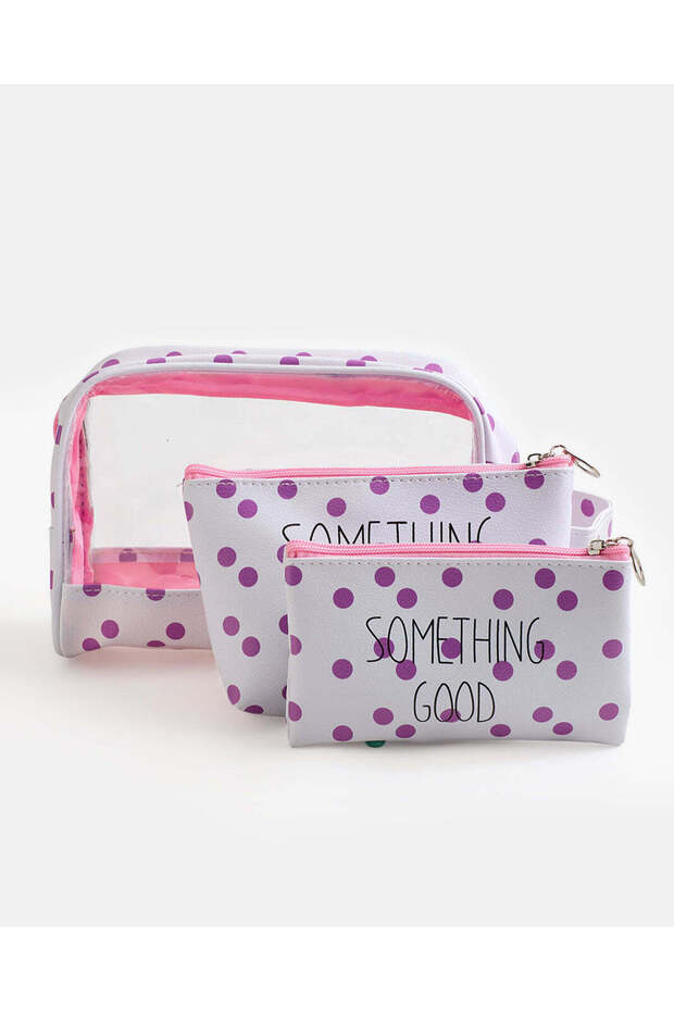 Women White Embellished Cosmetic Bag Set Of 3