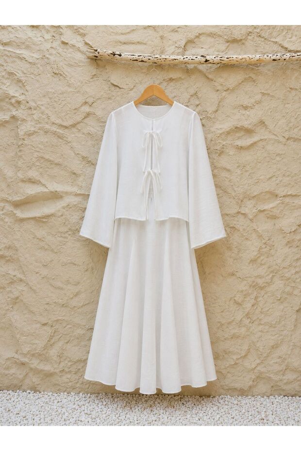 White Linen Flared Skirt and White Linen Tie-Up Blouse (2-Piece Set)