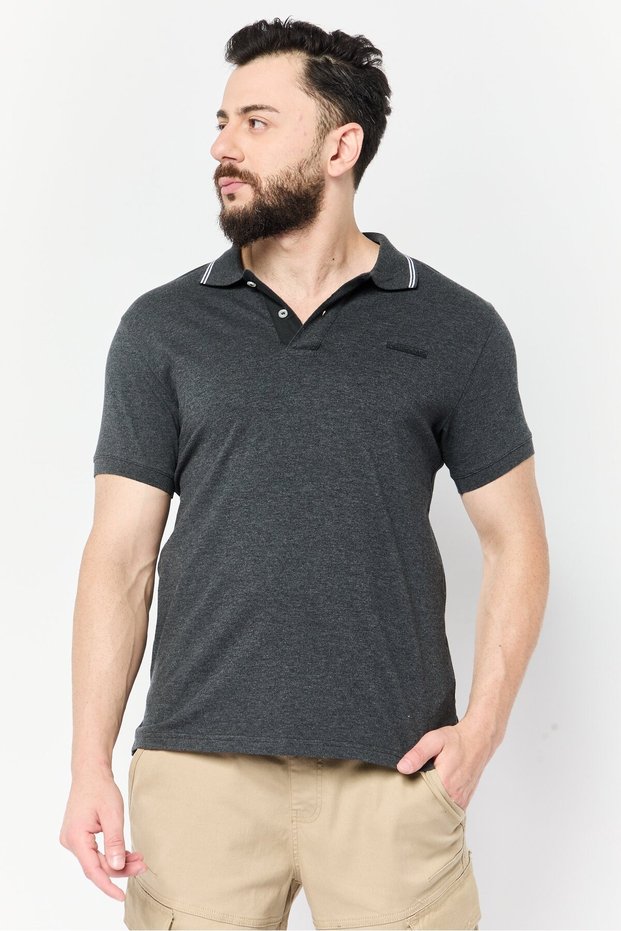Men Regular Fit Brand Logo Short Sleeves Polo Shirt, Charcoal Heather
