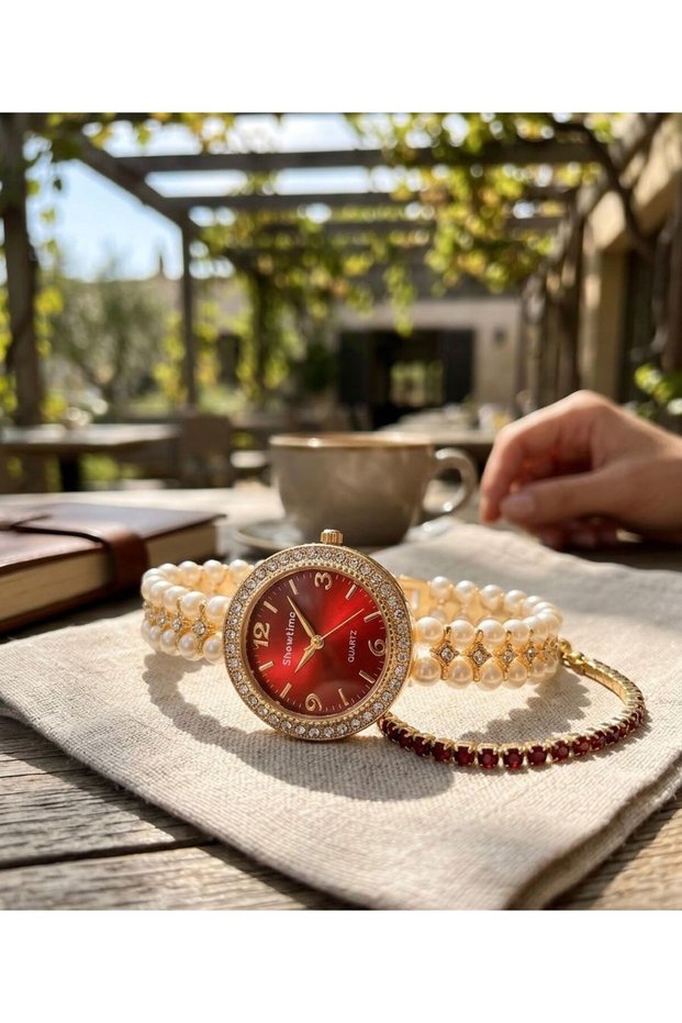 Women's Pearl Detailed Quartz Wristwatch | Colorful Stone Bracelet with Gift | Elegant Women's Wristwatch | Stylish Day