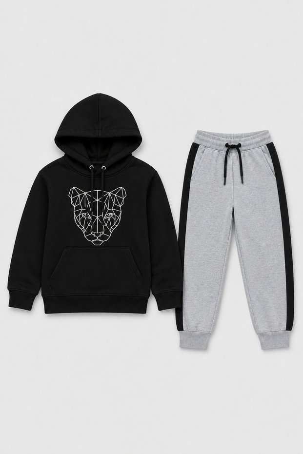 Lion Drawing Printed Unisex Children's Tracksuit Set with Kangaroo Pockets