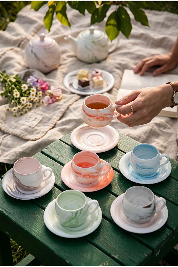 6-Person Luxury Porcelain Coffee Cup Set Colorful Marble Pattern