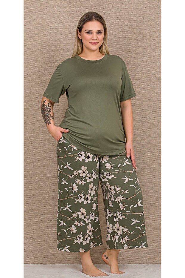 Battal Size Khaki Floral Patterned Pajama Set