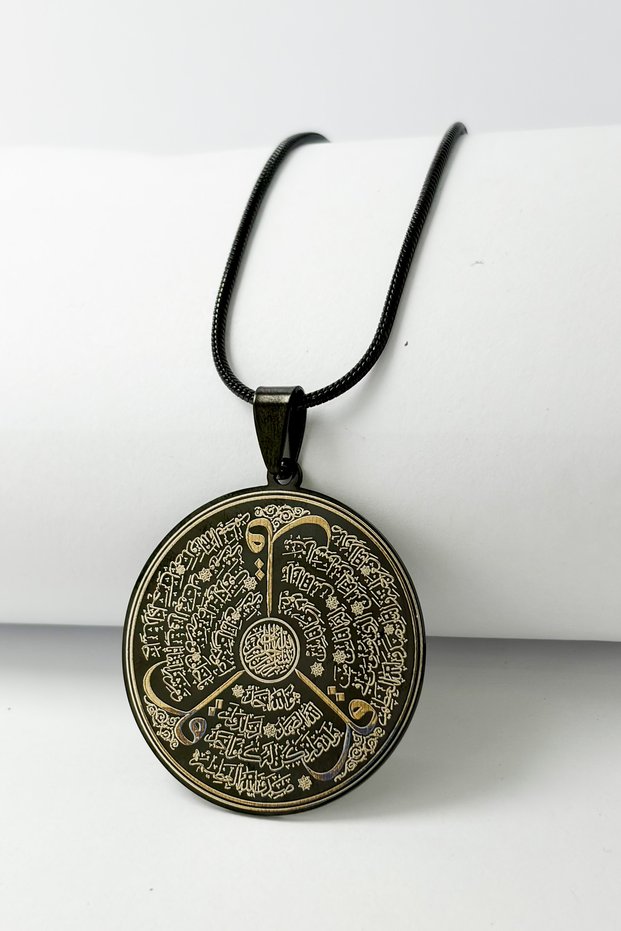 3.5 cm Plate Black Color Double Sided Felak, Nas, Ihalas & Tasavvufi Hi̇ç Written 60 cm Italian Chain 316L Stainless Steel Necklace