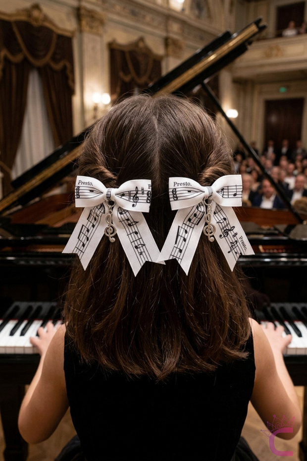 2-Pack Presto Piano Left Hand Key Figured Music Festival White Bow Ribbon Clip Hair Clip