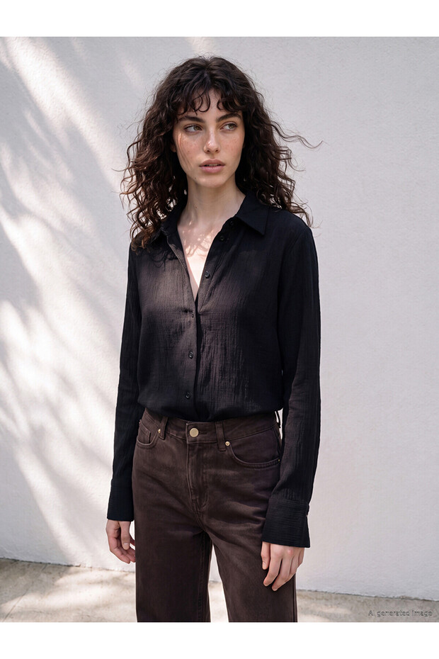 Lcw Petite Black Muslin Women's Shirt