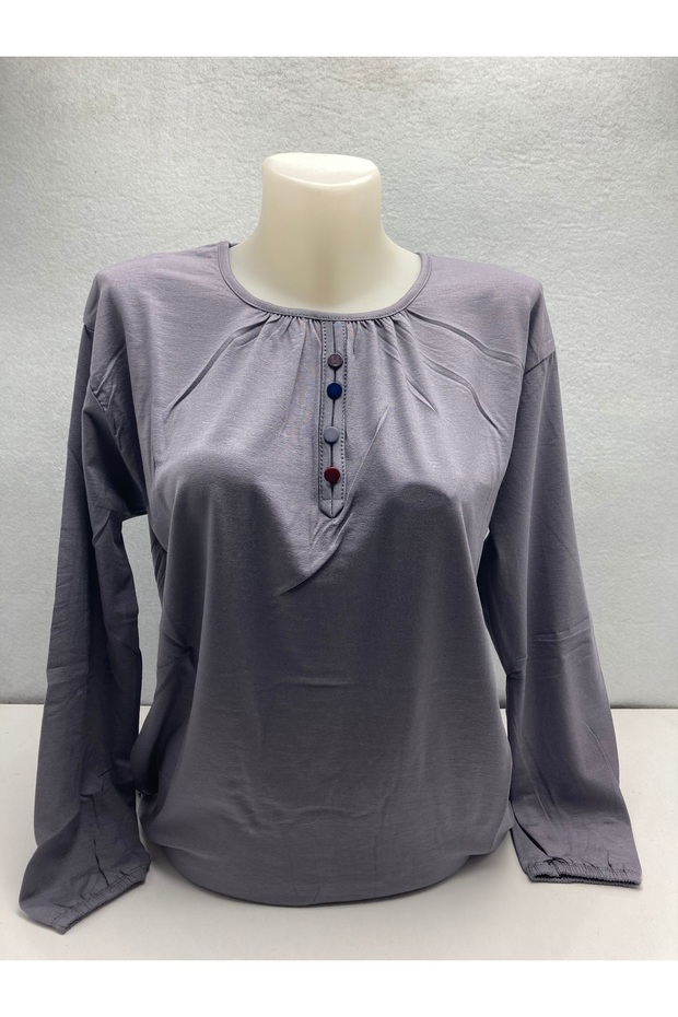 Half-Buttoned Smoked Plum Mother-Of-Pearl Fabric with Elasticated Sleeves