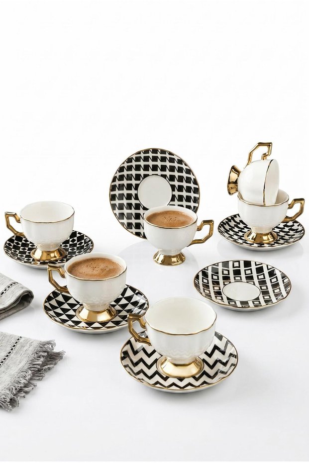 6-Person Luxury Porcelain Gilded Cup Set (Black Lines)