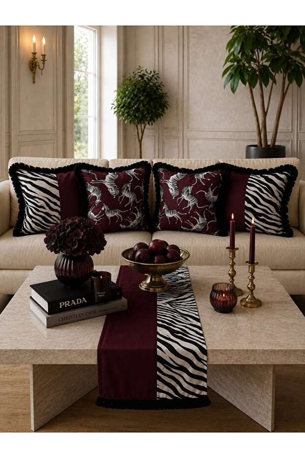 Zebra Series, Suede Fringed 5-Piece Combination and Throw Pillow Cover