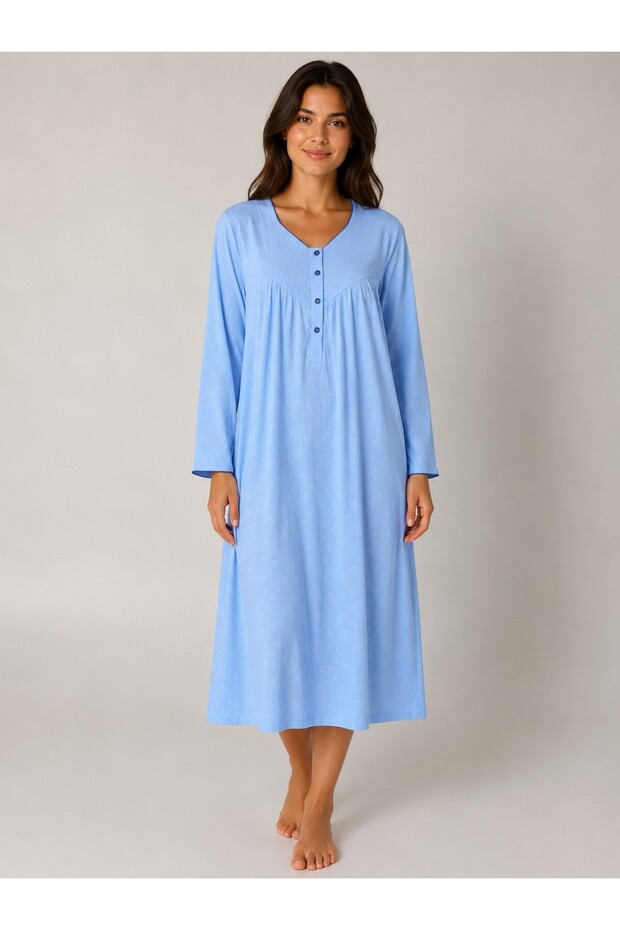Long Sleeve, Floral Patterned 100% Cotton Women'S-Mother's Nightgown