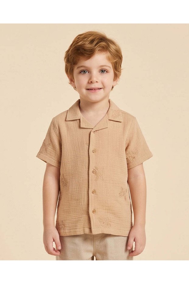 Boys Brown Allover Embroidered Short Sleeve Shirt