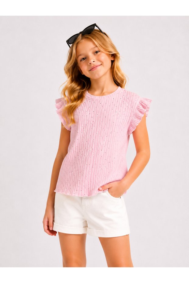 Girl's 4-12 Years Old Stone Detailed Shoulder Flounce Laced Ribbed Fabric Girl's Summer Blouse