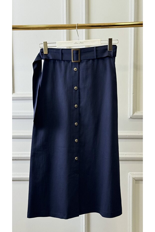 25004 Buttoned Front Belted Skirt Navy Blue
