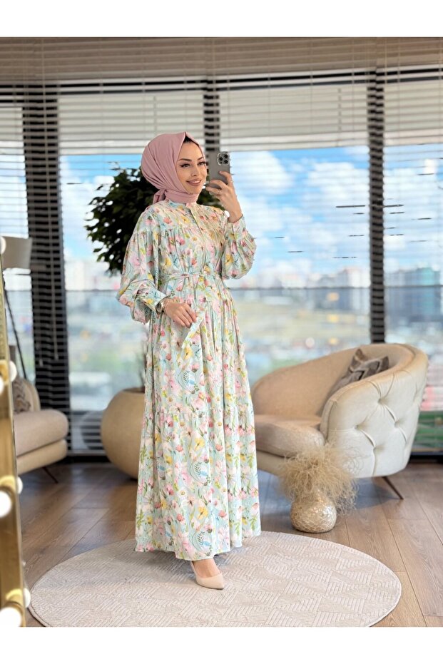 Mrw1373 Moroccan Floral Patterned Dress Çağla
